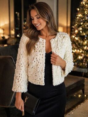 Candie's Ivory Sequin Faux-Fur Cropped Jacket Glam Holiday Party